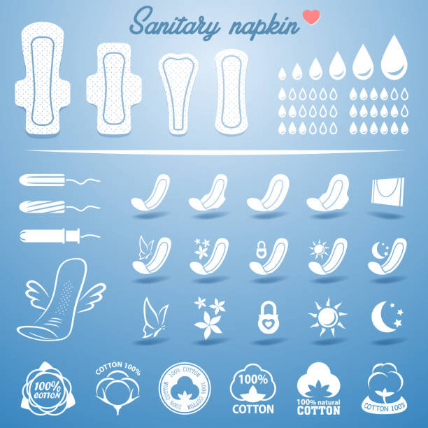 kobiece produkty higieniczne (zestaw białych serwetek, poduszek i tamponów) - wrapped in a towel illustrations stock illustrations