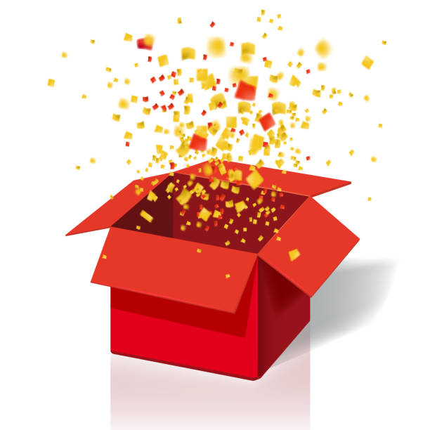 pudełko exploision, blast. otwórz czerwone pudełko i konfetti. wejdź do wygrania nagród. wygraj, loteria, quiz. ilustracja wektorowa. izolowane, szablon - box open package magic stock illustrations
