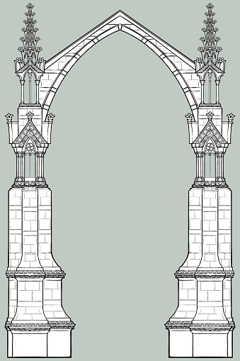 Medieval manuscript style rectangular frame. Gothic style pointed arch formed with flying buttresses. Vertical orientation. EPS10 vector illustration
