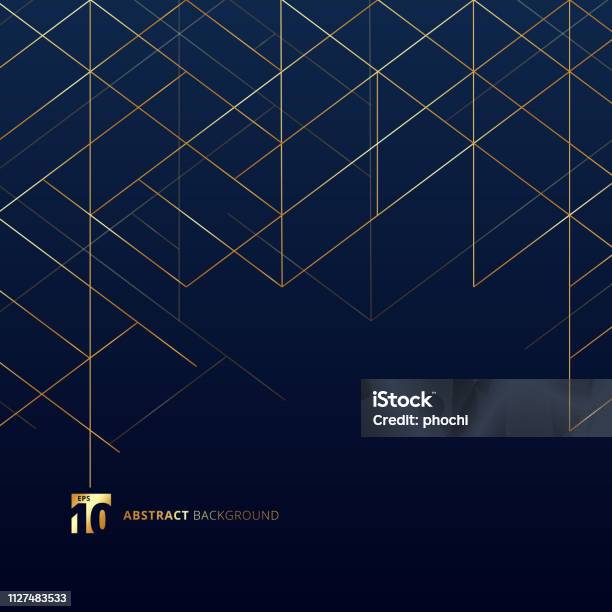 Abstract Dimension Lines Gold Color On Dark Blue Background Modern Luxury Style Square Mesh Digital Geometric Abstraction With Line Stock Illustration - Download Image Now