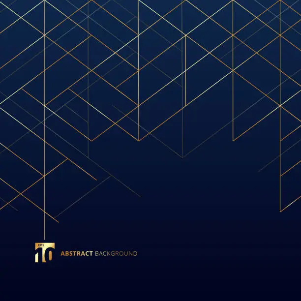 Vector illustration of Abstract dimension lines gold color on dark blue background. Modern luxury style square mesh. Digital geometric abstraction with line.