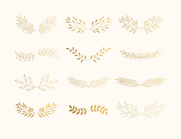 ilustrações, clipart, desenhos animados e ícones de divisores de floreio dourado de verão para a decoração da página. louros de convite de casamento. - gold leaf