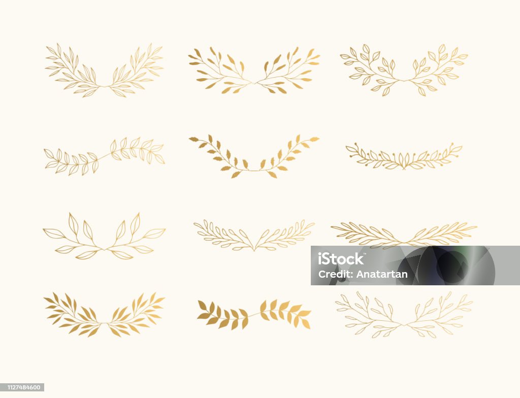 Summer golden flourish dividers for page decoration. Wedding invite laurels. Gold - Metal stock vector