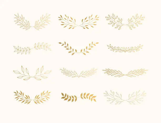 Vector illustration of Summer golden flourish dividers for page decoration. Wedding invite laurels.