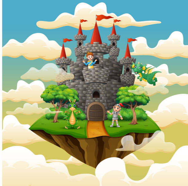 istock Prince, knight and dragon in the palace on the clouds 1127485225