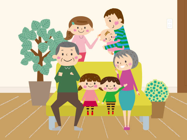 Relaxing on the sofa, friends Three generations family Relaxing on the sofa, friends Three generations family パンフレット stock illustrations