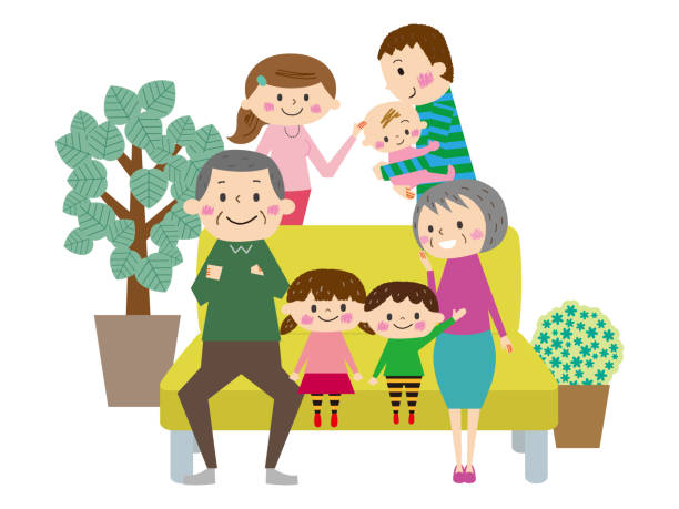 Relaxing on the sofa, friends Three generations family Relaxing on the sofa, friends Three generations family パンフレット stock illustrations