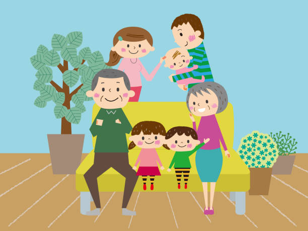 Relaxing on the sofa, friends Three generations family Relaxing on the sofa, friends Three generations family パンフレット stock illustrations