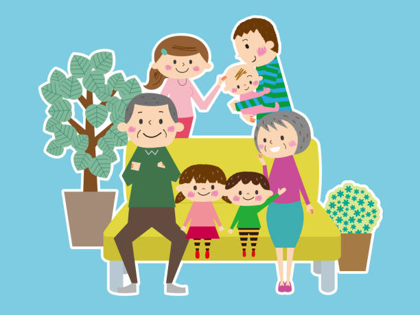 Relaxing on the sofa, friends Three generations family Relaxing on the sofa, friends Three generations family パンフレット stock illustrations