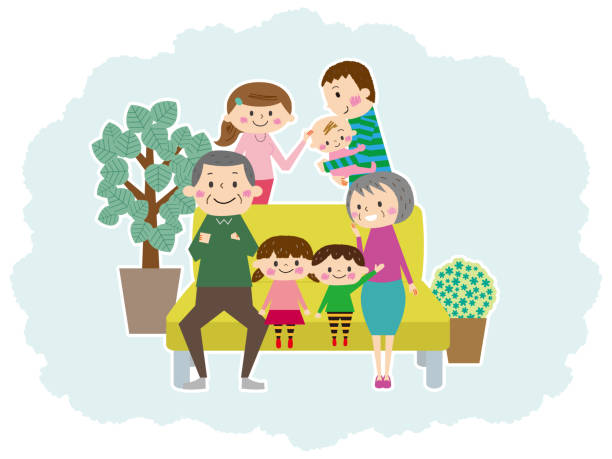 Relaxing on the sofa, friends Three generations family Relaxing on the sofa, friends Three generations family パンフレット stock illustrations