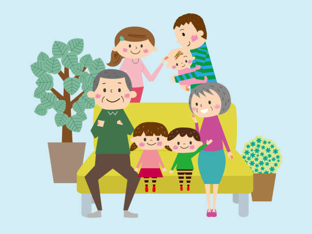 Relaxing on the sofa, friends Three generations family Relaxing on the sofa, friends Three generations family パンフレット stock illustrations