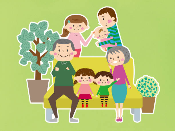 Relaxing on the sofa, friends Three generations family Relaxing on the sofa, friends Three generations family パンフレット stock illustrations