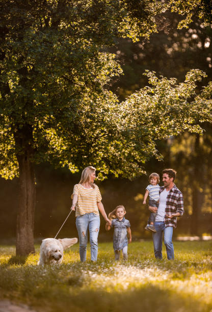 istock Happy family talking while walking with a dog in nature. 1127488435