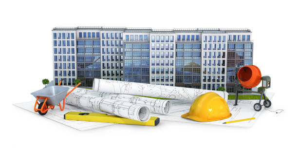istock Modern european residential complex on a white background with drawing plan and tools. 3d illustration 1127490552