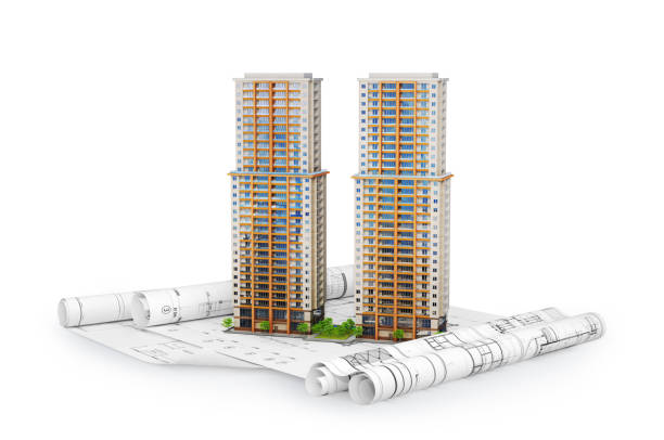 istock Modern apartment building on the plan drawing. 3d illustration 1127490560