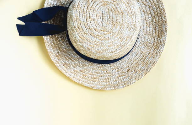 istock Straw beach woman's hat on pastel yellow background top view. Travel background.Copy space 1127492289