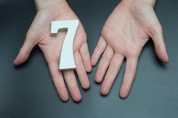 istock To female hands the number seven. 1127493431