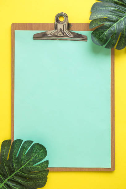 istock Clip board and green leaves summer vacation abstract. 1127493623