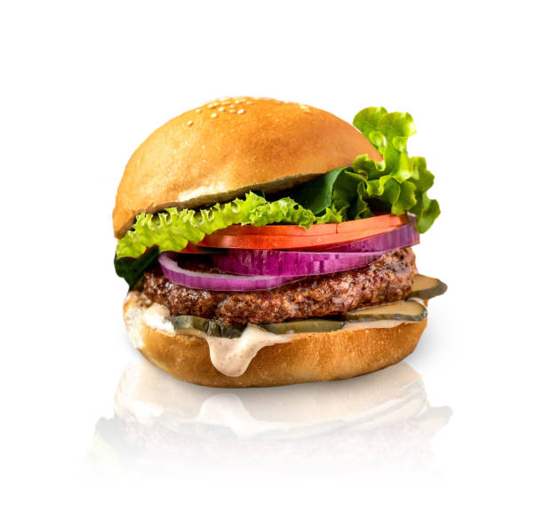 fresh tasty burger isolated on white background - turkey burger imagens e fotografias de stock