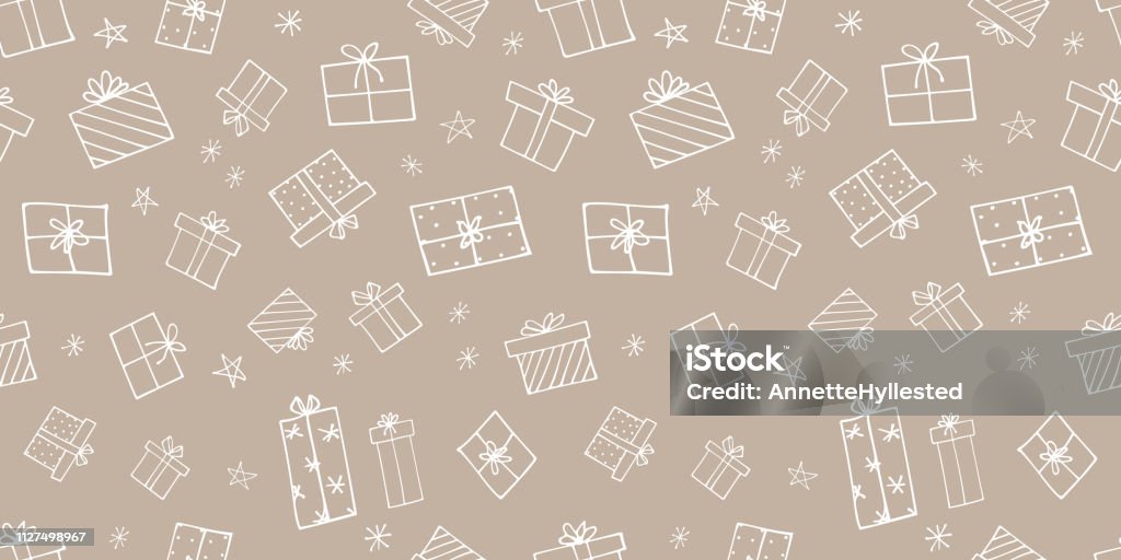 Seamless pattern with wrapped gifts Repeat vector pattern with gift doodles in white on pale background. Gift stock vector