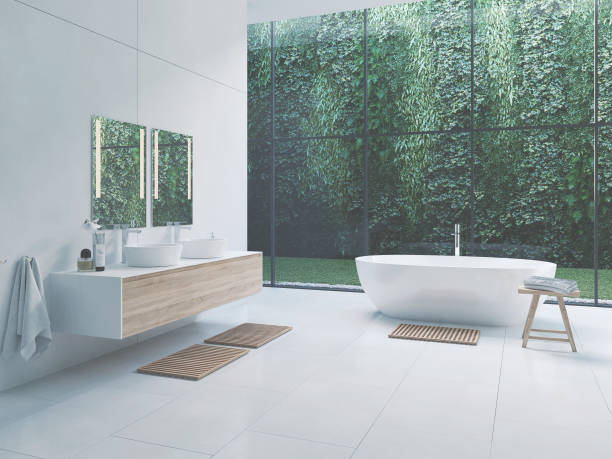 istock 3D new modern zen bathroom with tropic plants. 3d rendering 1127499000