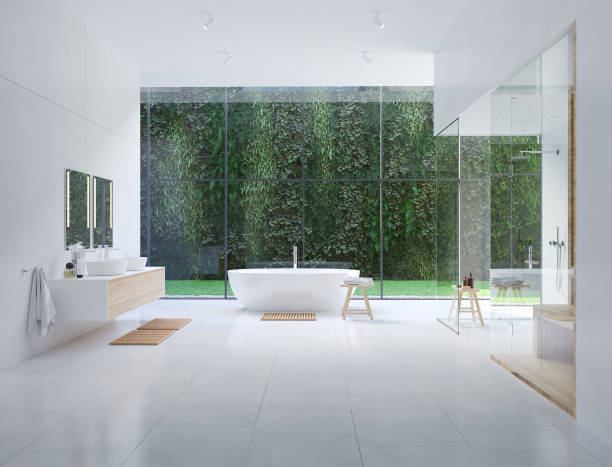 istock 3D new modern zen bathroom with tropic plants. 3d rendering 1127499003