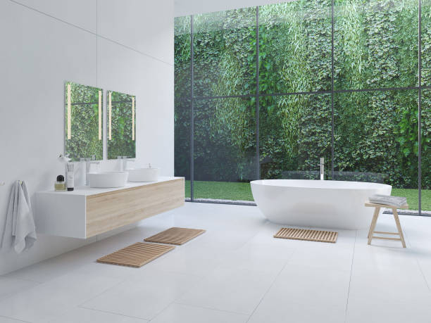 istock 3D new modern zen bathroom with tropic plants. 3d rendering 1127499012