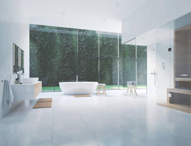 istock 3D new modern zen bathroom with tropic plants. 3d rendering 1127499019