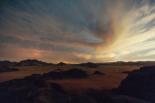 Scenic view of Wadi Rum desert in Jordan  at night with starry  sky above