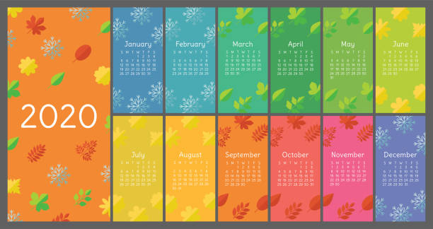 Calendar 2020 colorful. Flat icons. Leaf, flower, snowflake. Color vector template. Ready wall English calender Calendar 2020 colorful. Flat icons. Leaf, flower, snowflake. Color vector template. Ready wall English calender nature calendar stock illustrations