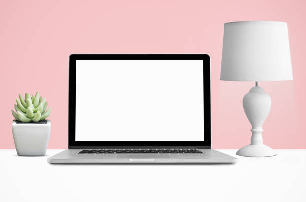 istock Laptop, lamps and potted cactus. 1127501925