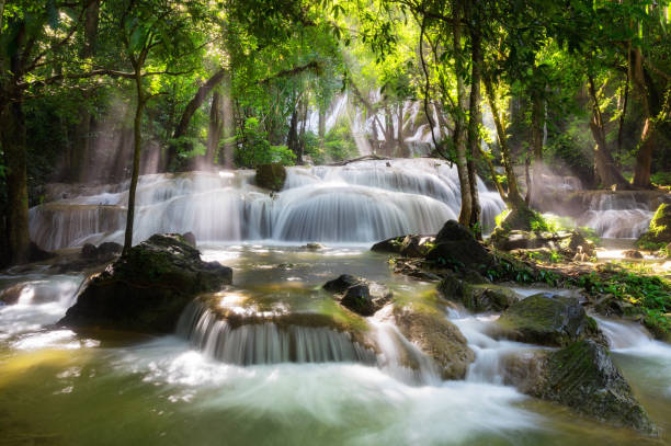 pha tad wasserfall. - erawan beauty in nature waterfall clean stock-fotos und bilder