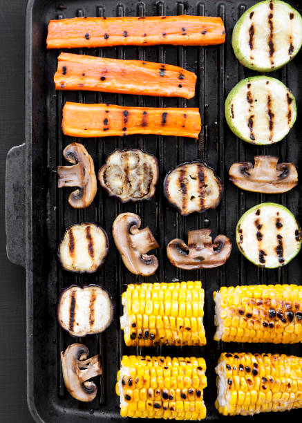 istock Grilled vegetables in a grilling pan, top view. From above, overhead. 1127502455