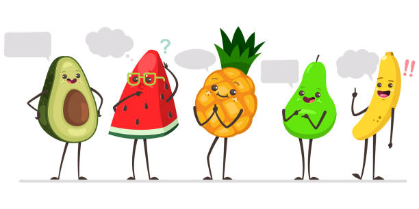 niedliche avocado, wassermelone, ananas, birne und banane mit sprechblase. lustige früchte vektor zeichentrickfiguren mit gespräch cloud isoliert auf einem weißen hintergrund. - cartoon watermelon stock-grafiken, -clipart, -cartoons und -symbole