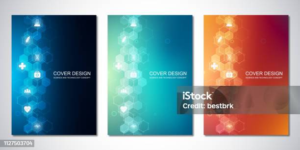 Vector Templates For Cover Or Brochure With Hexagons Pattern And Medical Icons Healthcare Science And Technology Concept Stock Illustration - Download Image Now