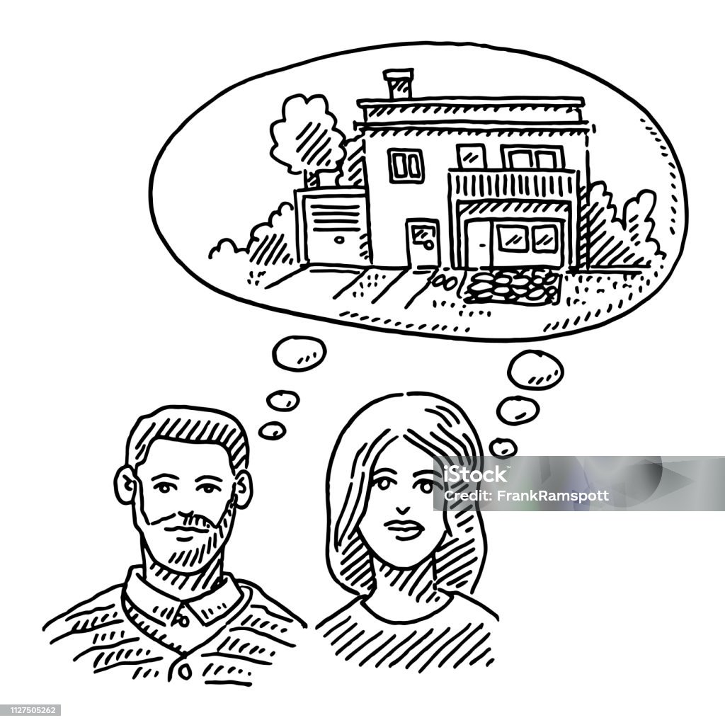 Couple Dreaming About Their New Home Drawing Hand-drawn vector drawing of a Couple Dreaming About Their New Home. Black-and-White sketch on a transparent background (.eps-file). Included files are EPS (v10) and Hi-Res JPG. Day Dreaming stock vector