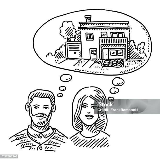 Couple Dreaming About Their New Home Drawing Stock Illustration - Download Image Now - Day Dreaming, Dreaming, Home Ownership