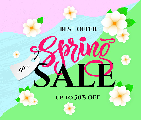 Hand lettering Spring sale with flowers and leaves on colorful background, texture. Season discount banner design. Vector illustration. As logo, print, flyer, card, poster