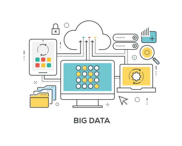 big data-konzept mit symbolen - computer network illustrations stock-grafiken, -clipart, -cartoons und -symbole