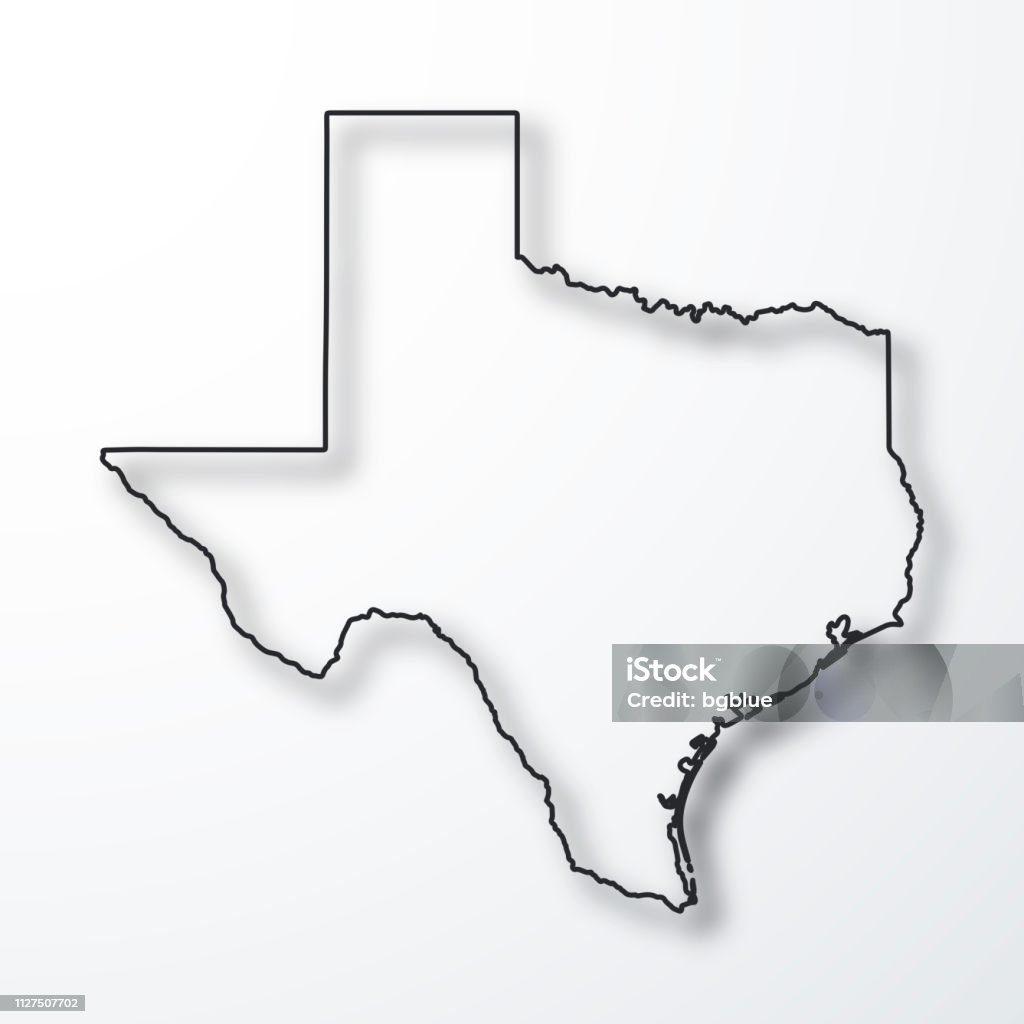 Texas Map Black Outline With Shadow On White Background Stock