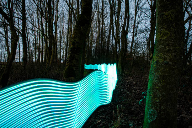 istock Blue Neon light trails in a winter forest at dusk. 1127508299