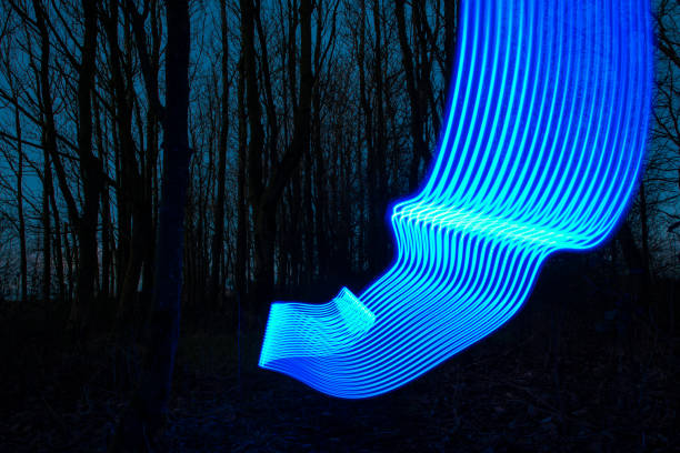 istock Blue Neon light trails in a winter forest at dusk. 1127508309