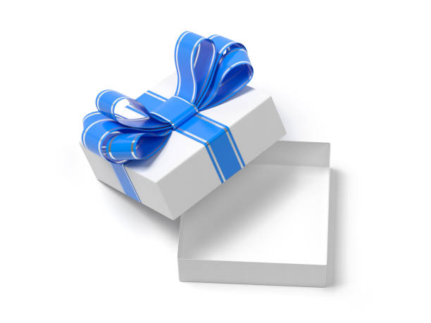 istock Gift box wrapped with blue decoration ribbon. Open empty box. 3d rendering illustration 1127511307