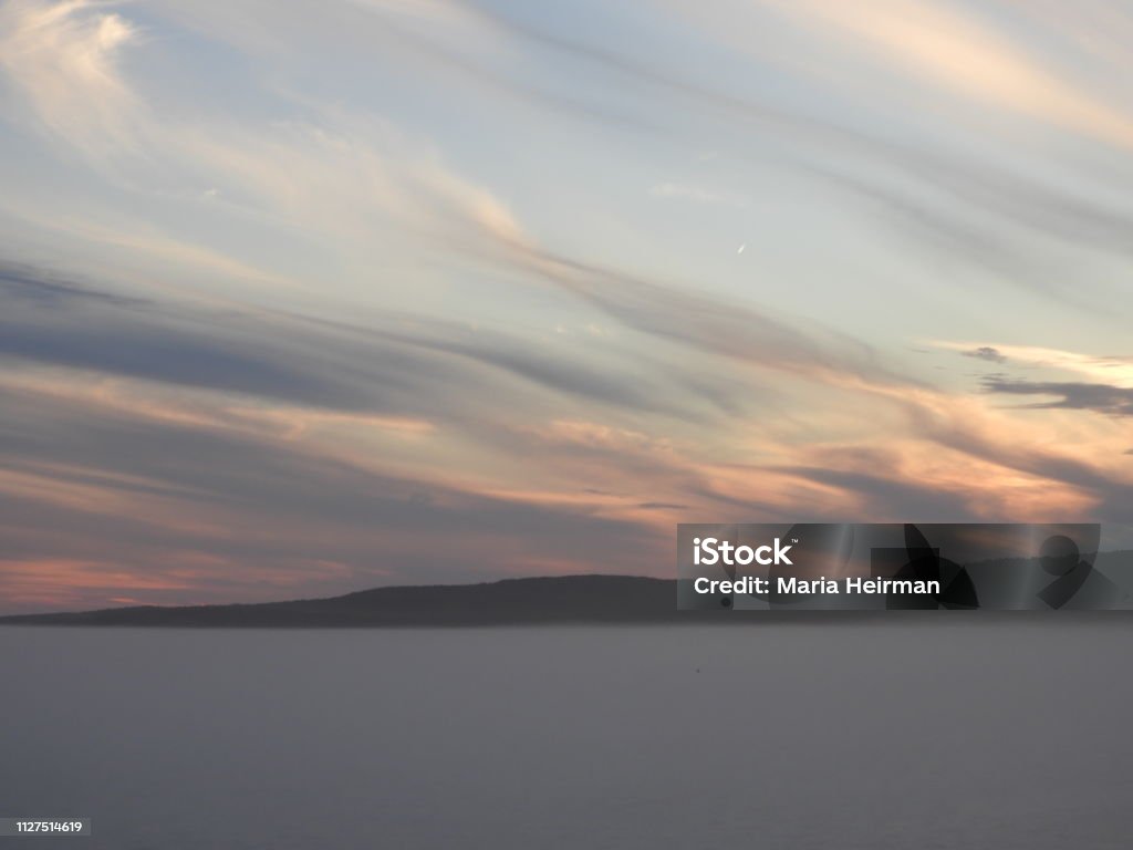 Cruising in Bar Harbour area Evening sky with fog and sunset Bay of Water Stock Photo