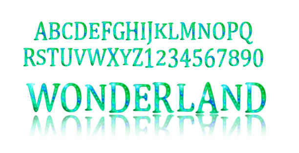 Wonderland font. Fairy ABC. Wonderland font. Fairy ABC. Set of letters. Magical beast with long striped tail. Vector illustration fantasy font stock illustrations