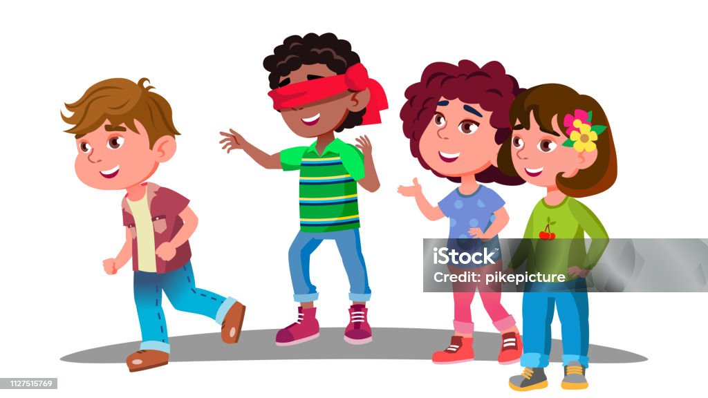 Blindfolded Little Boy Trying To Catch Other Children During Play Vector. Isolated Illustration Blindfolded Little Boy Trying To Catch Other Children During Play Vector. Illustration Blindfold stock vector