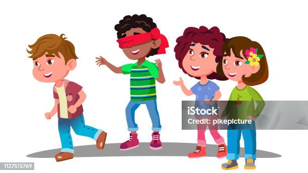 Blindfolded Little Boy Trying To Catch Other Children During Play Vector Isolated Illustration Stock Illustration - Download Image Now