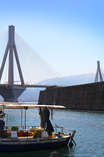 Rio–Antirrio Bridge - Charilaos Trikoupis Bridge, one of the world's longest multi-span cable-stayed bridges and longest of the fully suspended type, crosses the Gulf of Corinth near Patras, opened in August 2004, Peloponnese, Greece