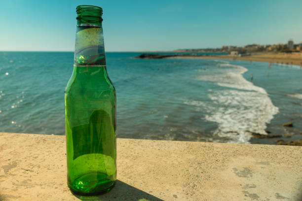 istock Beer bottle on a wall with a view of a bay 1127518870
