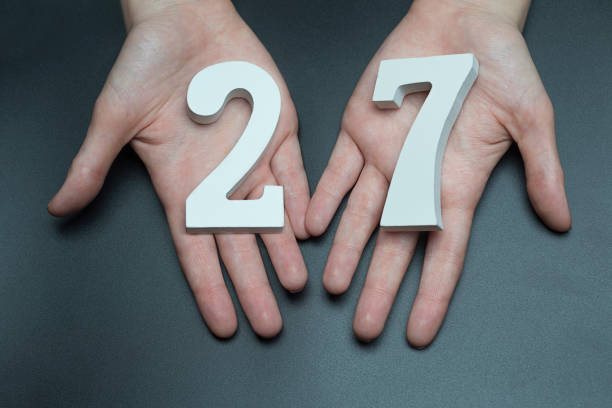 istock On the female palms figure twenty-seven. 1127520553